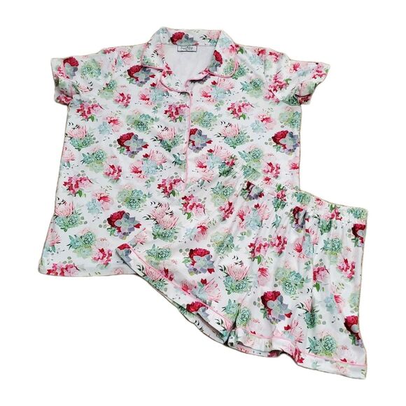 Sugar Bee Womens Sz XL Pajama Shorts Set Pink Succulent Button Front - Picture 7 of 16